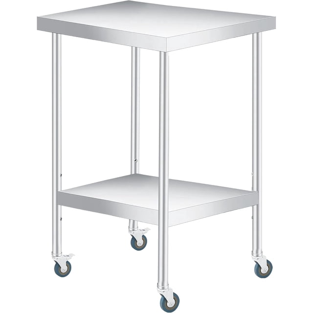 YUSAZENS 201 Stainless Steel Double Layer Storage Table, Mobile Workbench Tool Cart 24*24"+wheels