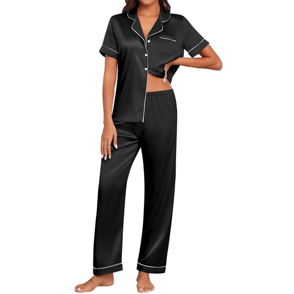 EKOUAER Silk Pajamas for Women Set Satin Short Sleeve Pajama Set Button Silky Pjs 2 Piece