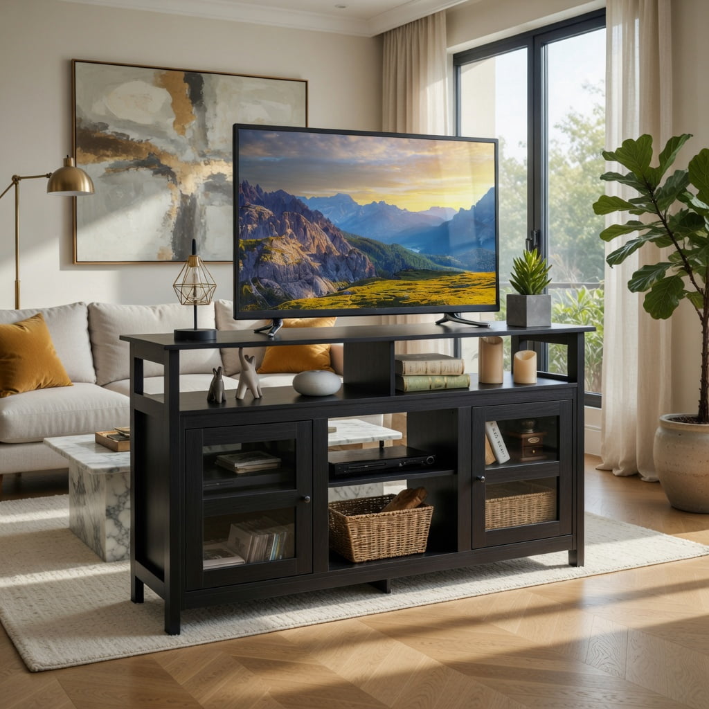 Demi Bonn TV Stand, TV Cabinet, 58 Inch TV Stand Entertainment Console Center with 2 Cabinets, Media Entertainment Center with Storage, for Living Room, Bedroom, Black