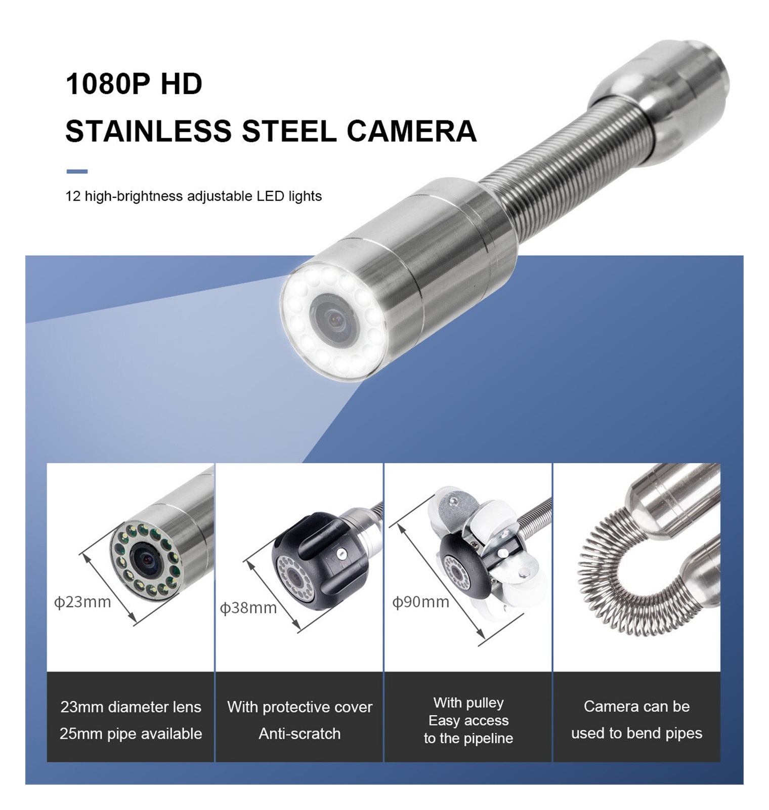 Sewer Endoscope Pipe Inspection Camera 33-164FT 1080PHD 8GB DVR/Wi-Fi 7/9in Screen Pipeline Industrial Endoscope IP68 for Measurement