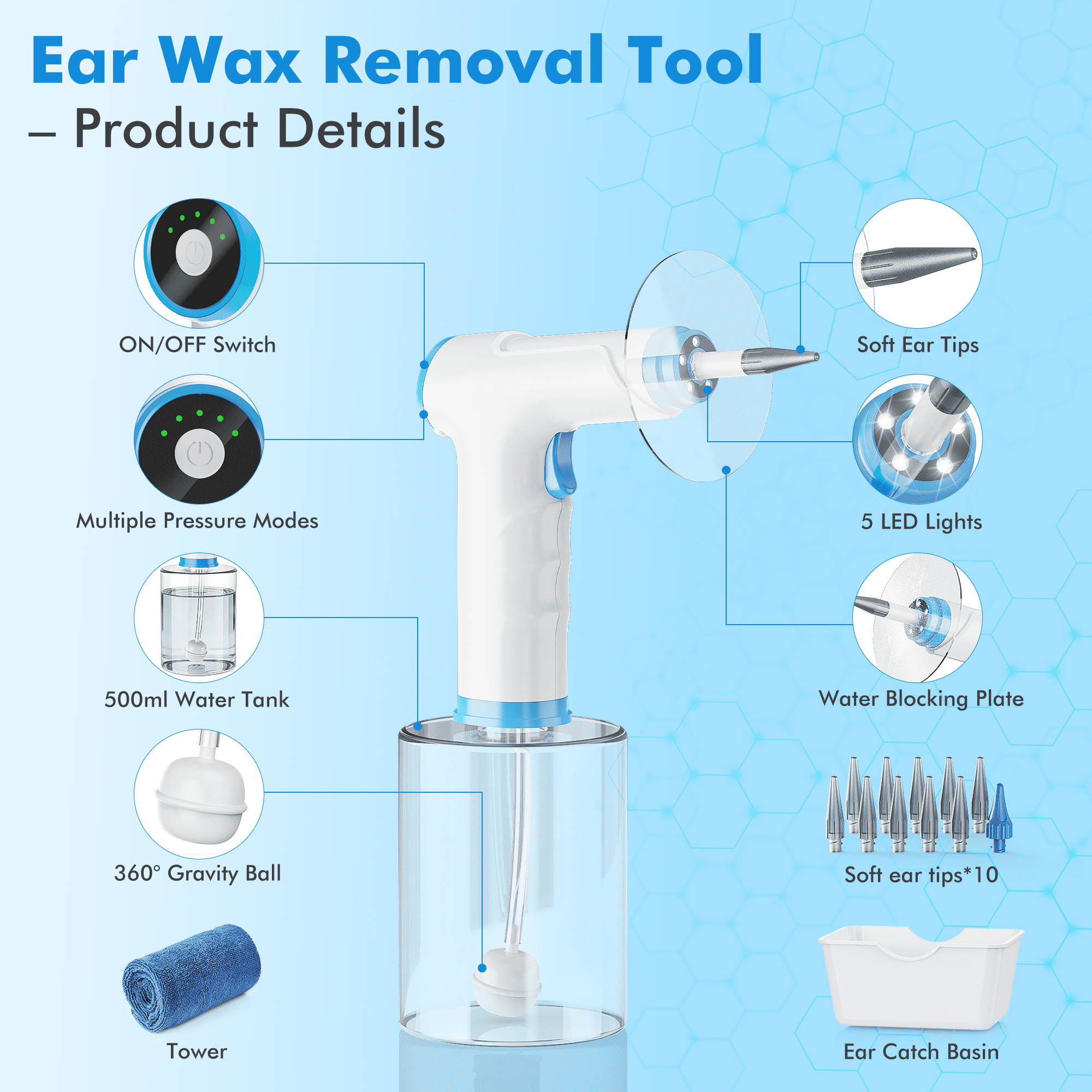 ILAVYO Electric Ear Wax Removal Kit, Ear Irrigation Cleaner with Light, 4 Pressure Modes, 500ml Water Tank, 2 Nozzle Types, USB Rechargeable