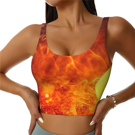 Qokaie Tennis Ball In Fire Pattern Womens Scoop Neck Sports Bra Breathable Workout Vest Padded U Back Medium Impact Fitness Gym Yoga Bra Workout Crop Top-