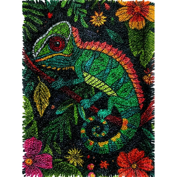 Green Chameleon in Flowers Latch Hook Kits Rug Crochet Yarn Pre-Printed Cushion Embroidery Needlework Carpet Cover DIY Hook and Latch Kit Tapestry Christmas Decor 38x52cm