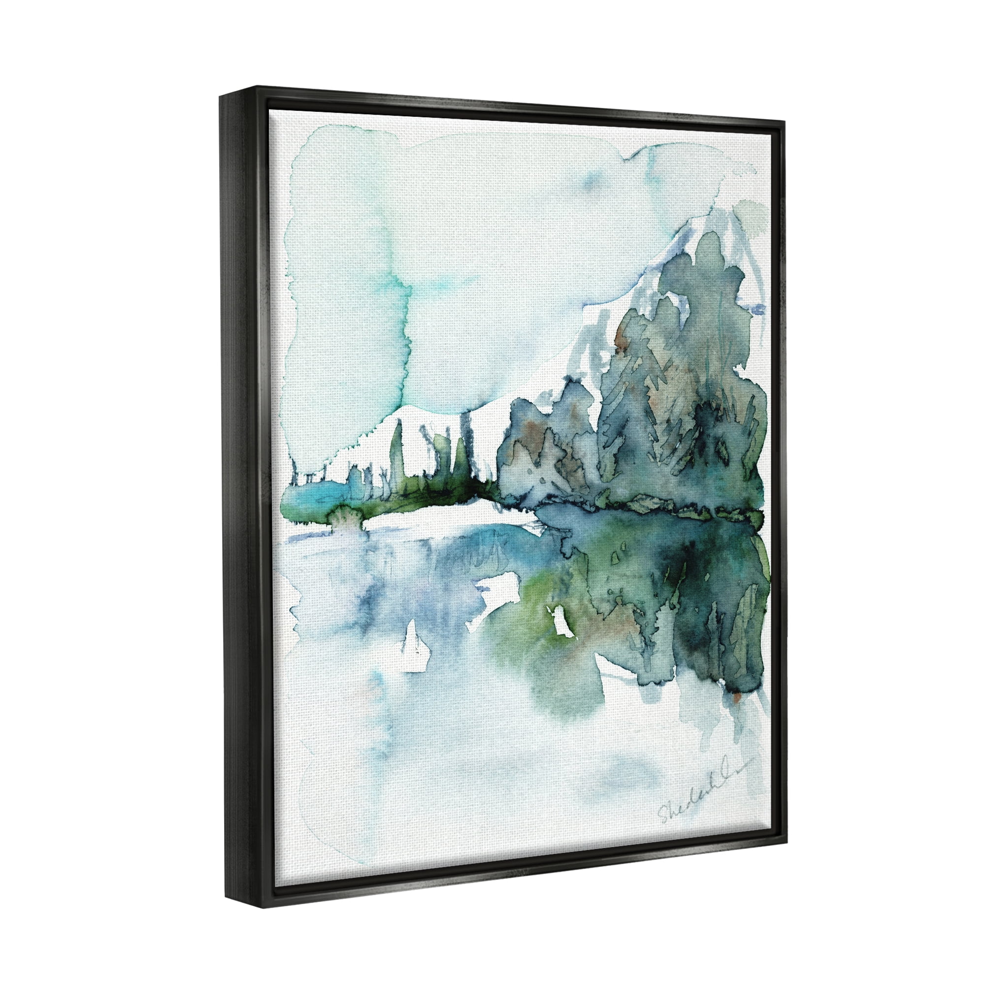 Stupell Industries Trees Lake Reflection Modern Landscape Watercolor Effect Painting Jet Black Floating Framed Canvas Print Wall Art, Design by Kendra Shedenhelm