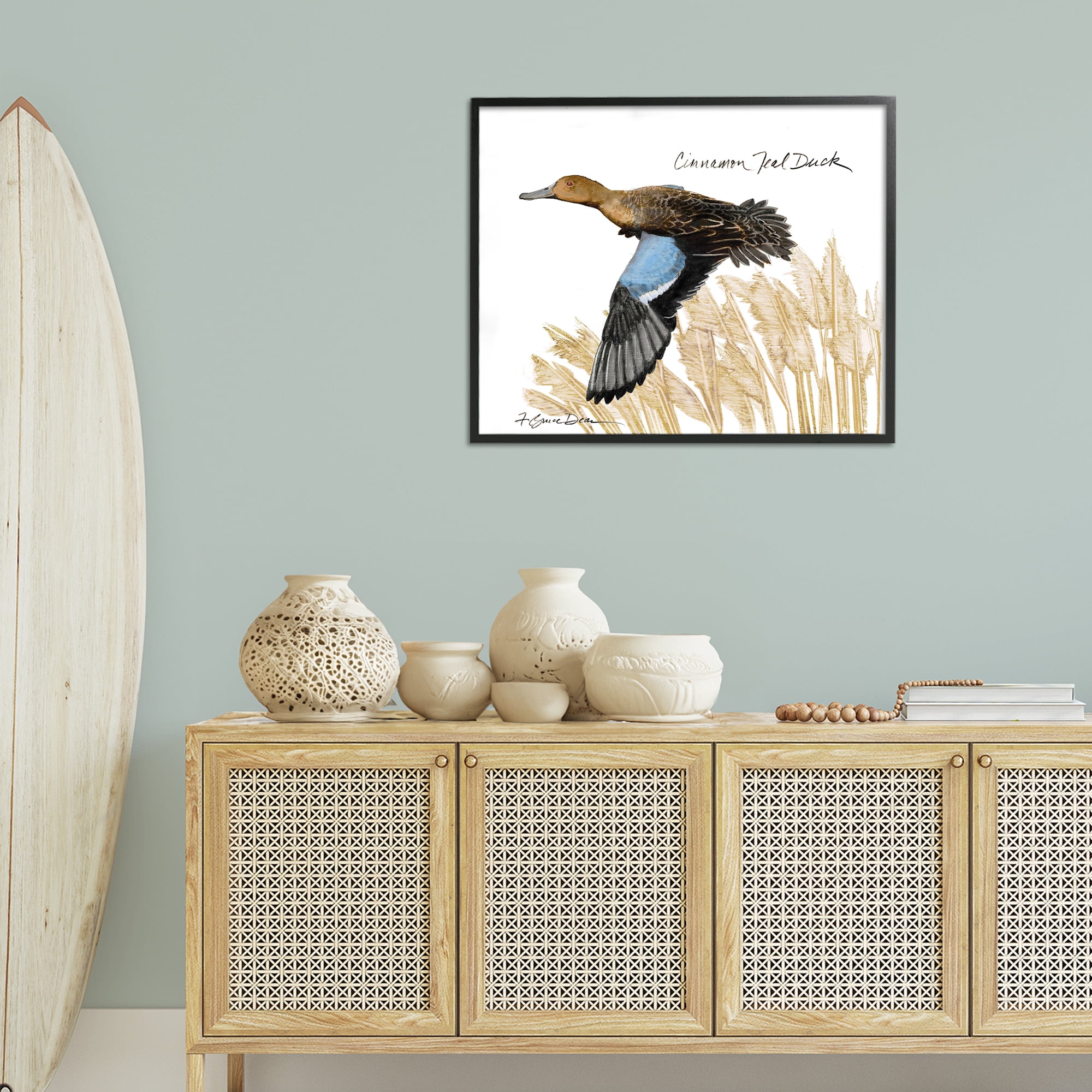 Stupell Industries Cinnamon Teal Duck Flying Animals & Insects Painting Black Framed Art Print Wall Art, 30 x 24