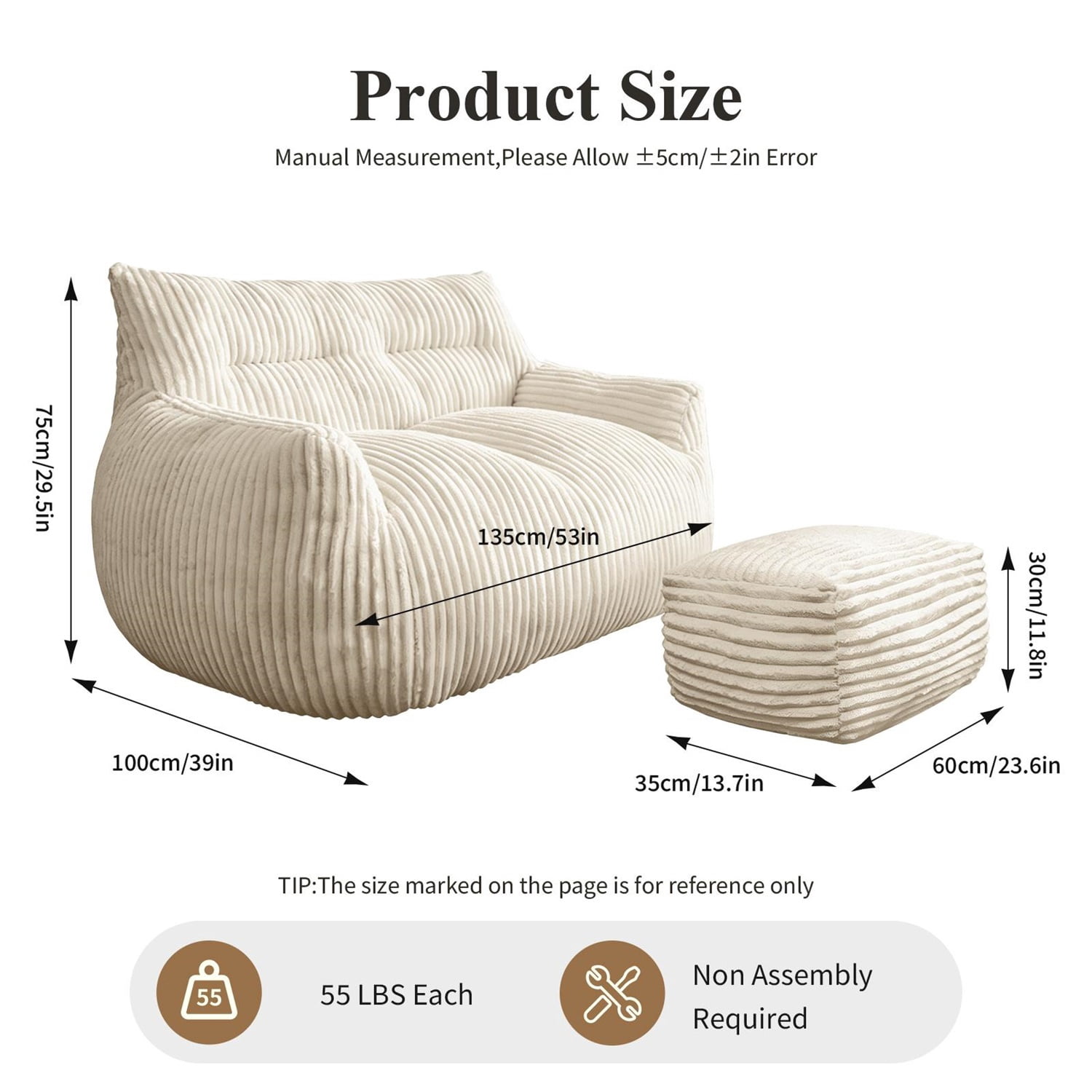 Hommoo Lovseat sofa with Ottoman, Cloud-Love Oversized 2-Seater Fluffy Bean Bag Chair for Living Room & Bedroom, White