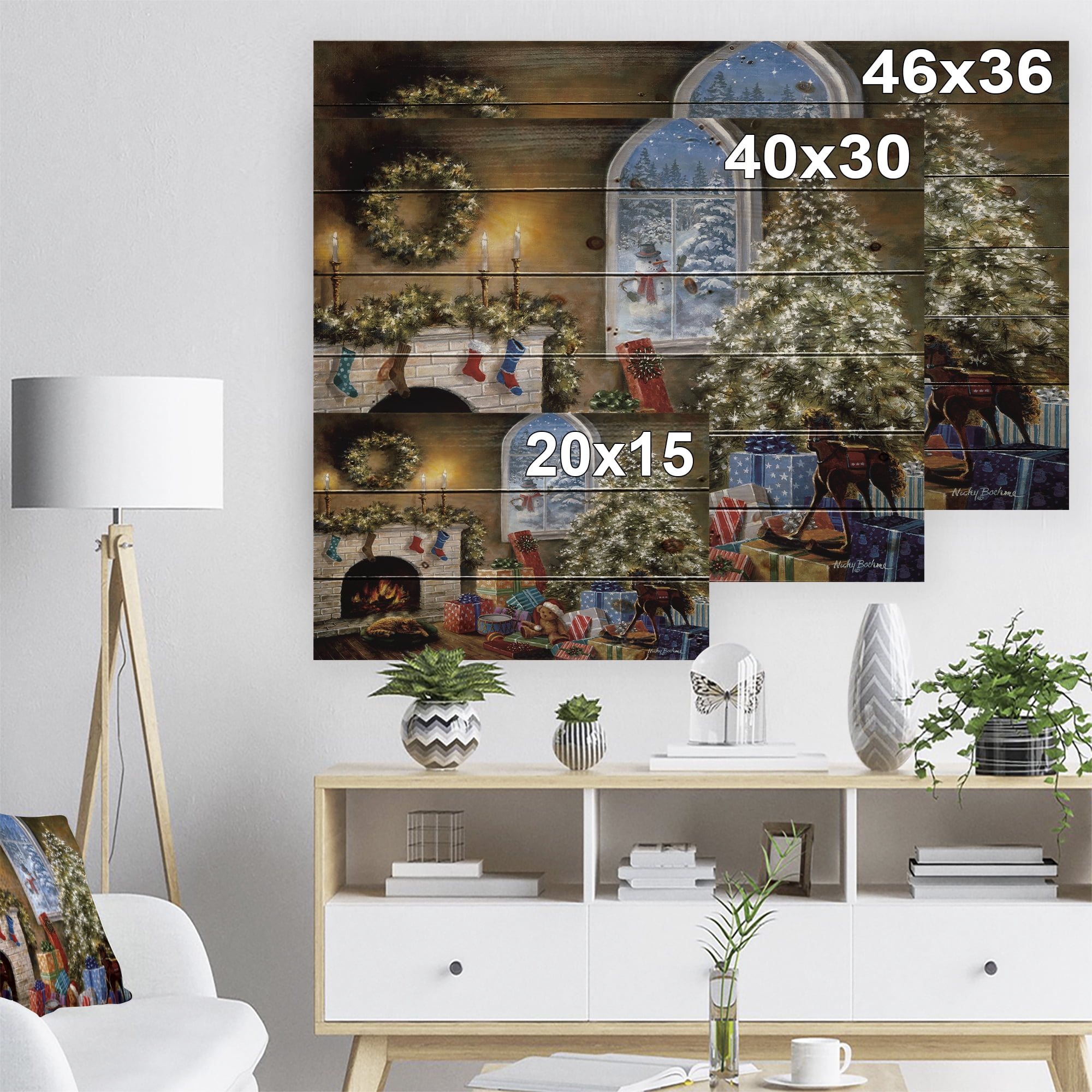 Designart 'Christmas Eve with presents by fire place ' Print on Natural Pine Wood