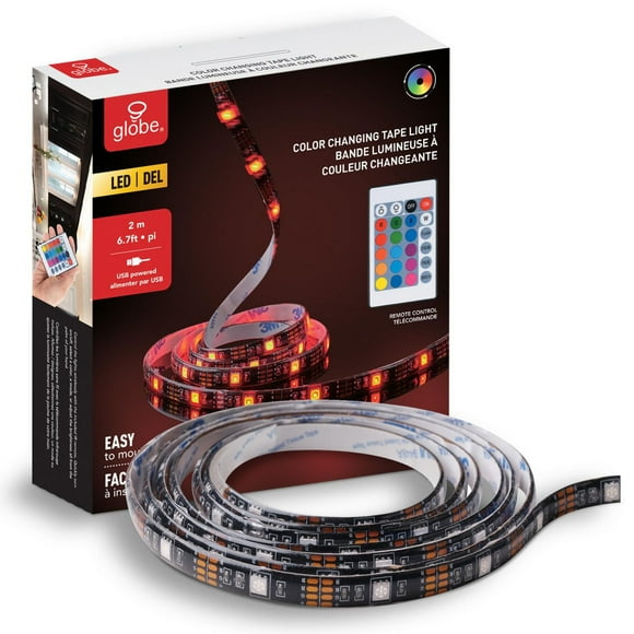 Bande lumineuse en plastique à DEL enfichable de couleur changeante par Globe Electric, 6,7 pieds (2 mètres), télécommande incluse, 78657