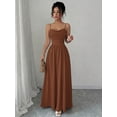 thumbnail image 5 of Coffee Womens Elegant Spaghetti Strap Ruched Waist Flowing Maxi Dress For Wedding Guest Or Formal Occasion, 5 of 7