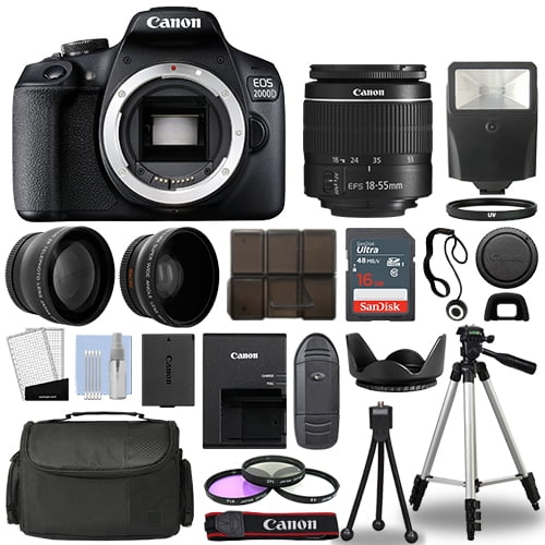 Canon EOS 2000D / Rebel T7 SLR Camera + 3 Lens Kit 18-55mm + 16GB + Flash &  More