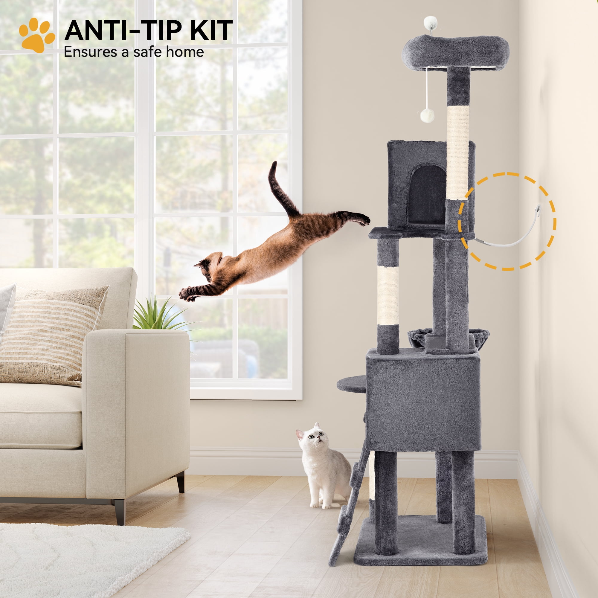 Dextrus 70.8in Cat Tree Tower with Scratching Posts, Padded Plush Perch, Cozy Basket, and Ladder for Indoor Cats