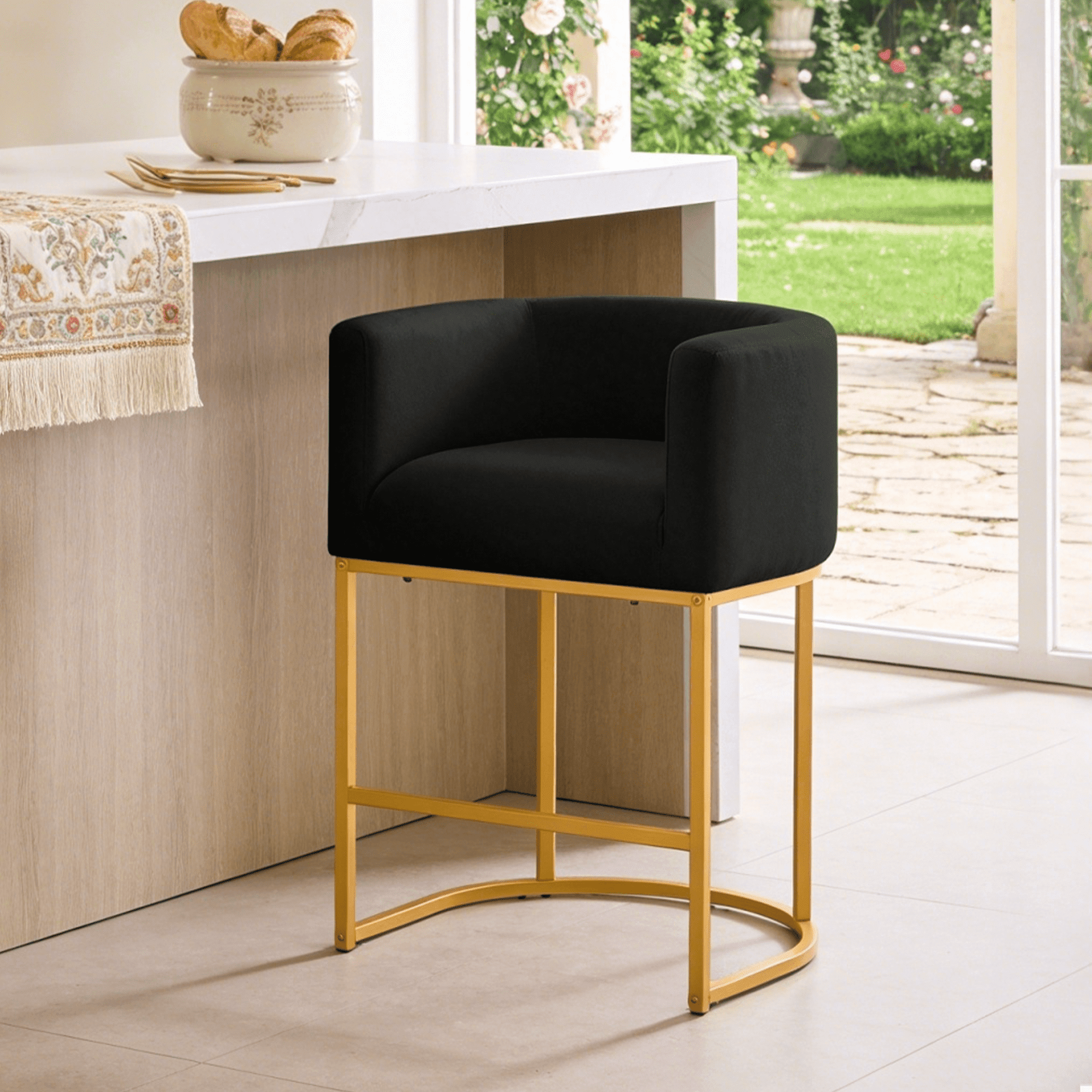 FANCROU 26" H Counter Height Bar Stools Set of 1, Fabric Barrel Stools with Back and Arms, Black-Golden Leg
