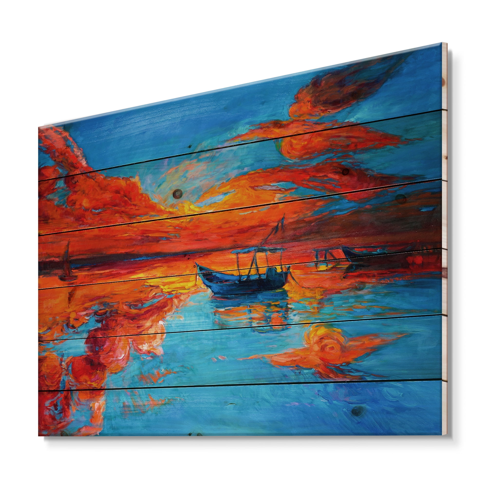 Designart 'Boats During Warm Sunset Resting On The Water VI' Nautical & Coastal Print on Natural Pine Wood