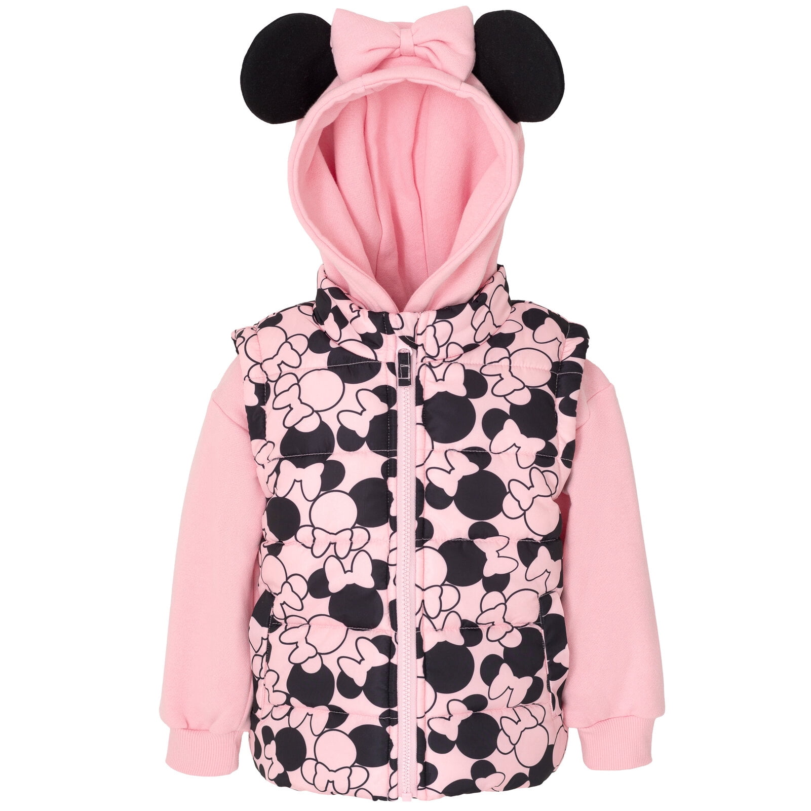 Disney Minnie Mouse Girls Winter Puffer Vest Hoodie Set, Toddler