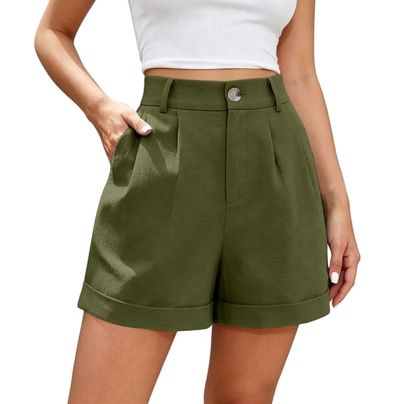 VV AVEORS Linen Shorts For Women High Waisted Dressy Casual Summer High Waist Button Comfy Rolled Hem Business Shorts With Pocket Army Green XL