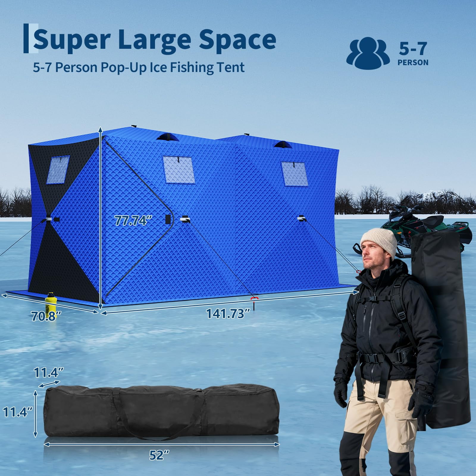 Insulated Pop-Up Ice Fishing Shelter for 6-8 People – Double Zipper Doors, 69 sq ft Space, 2x49ft LED Light Strips, Carry Bag, 141.73x70.8x77.74in | Comes with 2 battery packs and 2 15m light strips