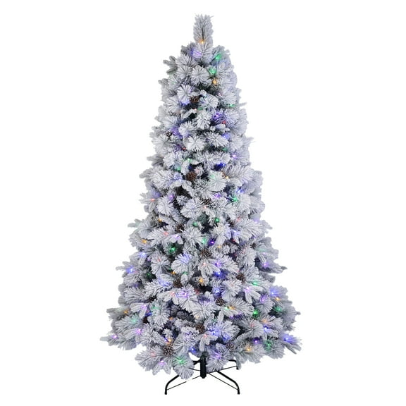 7.5' Pre-Lit Flocked Bellmont Christmas Tree with Color-Changing LED Lights and Stand, by Holiday Time