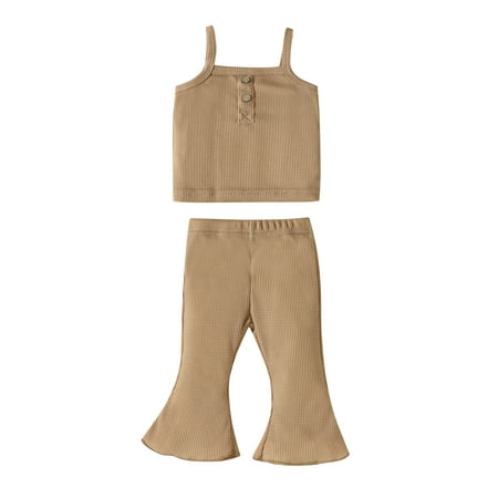 

Suanret Toddler Kids Girls Casual Suit Solid Color Sleeveless Button Sling Tops+Flared Long Pants Khaki 6-12 Months