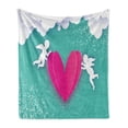 thumbnail image 1 of Angel Wings Soft Flannel Fleece Throw Blanket, Flying Cupid Carrying Big Heart Happy Valentines Day Design, Cozy Plush for Indoor and Outdoor Use, 50" x 70", Turquoise Marigold, by Ambesonne, 1 of 6