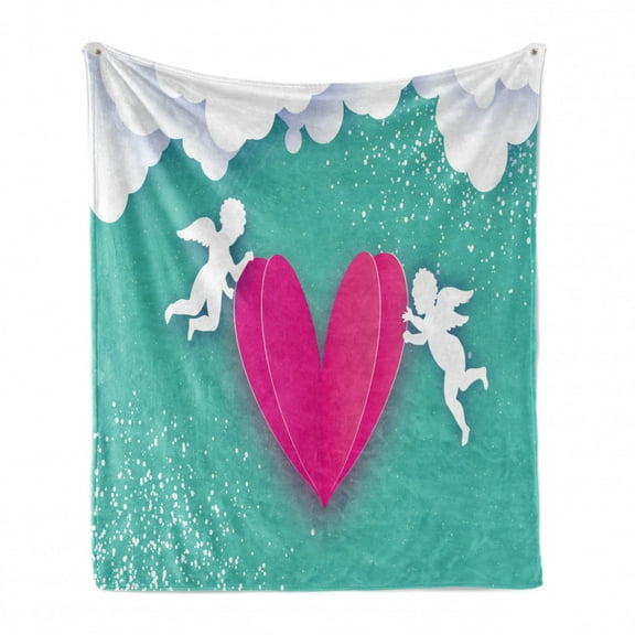Angel Wings Soft Flannel Fleece Throw Blanket, Flying Cupid Carrying Big Heart Happy Valentines Day Design, Cozy Plush for Indoor and Outdoor Use, 50" x 70", Turquoise Marigold, by Ambesonne