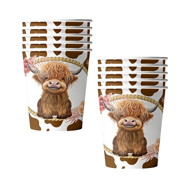 Taras de Fiesta Desechables Highlands Vaca Tazas de Papel 10 Paquete Vintage Floral para Granjas Tema Cumpleaños Rústicos Suministros de Celebración