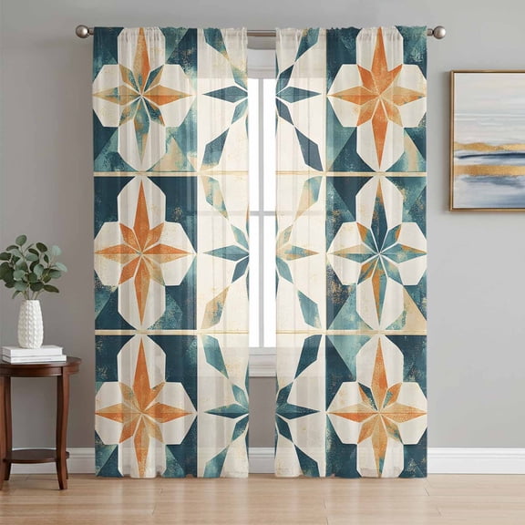Teal Orange Geometric Sheer Curtains 96 Inch Length 2 Panels Set, Vintage Chic Abstract Checked Voile Window Treatment Semi Sheer Long Curtains Drapes for Bedroom/Living Room/Kitchen 52"x96"x2