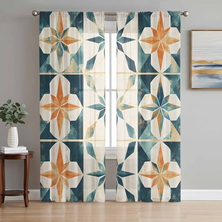 Teal Orange Geometric Sheer Curtains 84 Inch Length 2 Panels Set Vintage Chic Abstract Checked Voile Window Treatment Rod Pocket Curtains Sheers Drapes for Bedroom/Living Room/Kitchen 52 x84 x2