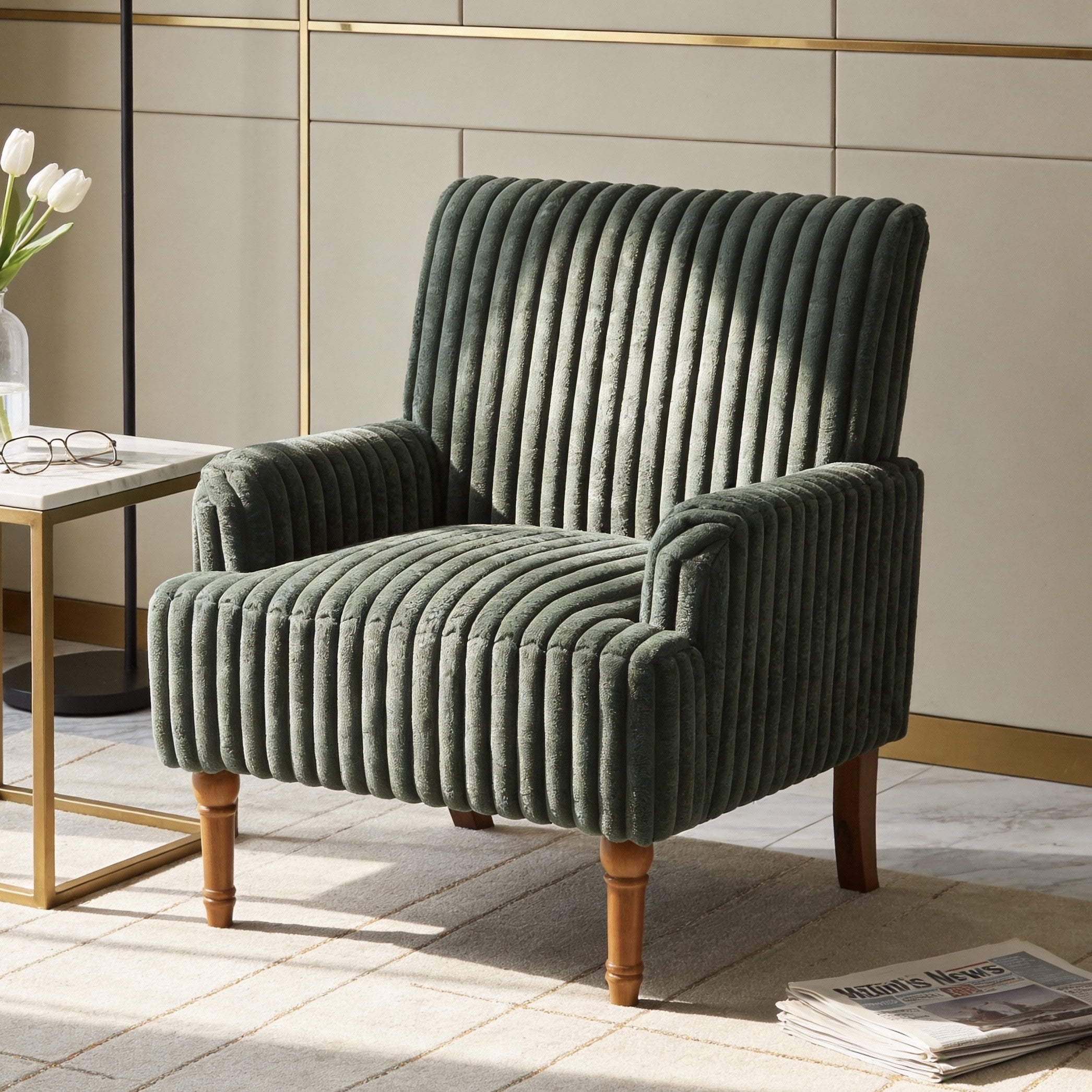 Aukfa Mid Century Corduroy Accent Chair, Wide Wale Upholstered Armchair with 9" Wood Legs for Living Room Bedroom,Green