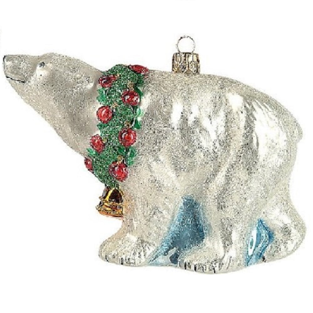Polar Bear with Wreath Polish Glass Christmas Ornament