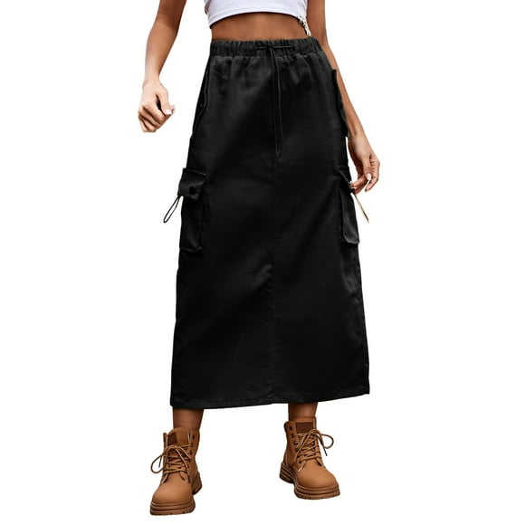 Yoodem Skirts for Women Satin Skirt Heavy Industry Drawstring Design Denim Cargo Skirt Sequin Skirt Black XL