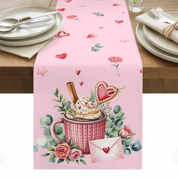 Valentine's Day Table Runner - 60 Inch Long, Kitchen Dining Table Runner Dresser Scarves, Cartoon Love Rose Floral Pink Romantic Farmhouse Decor for Coffee Tables Wedding Party Banquet