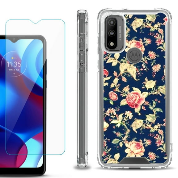 Shockproof Bumper Phone Case for Motorola Moto G Pure, with Tempered Glass Screen Protector, by OneToughShield ® - Floral Garden