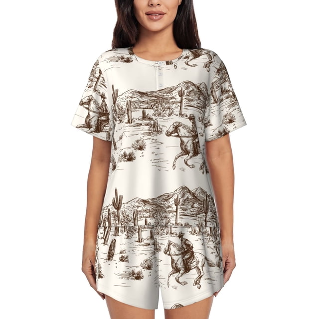 Fotbe Western Desert Cowboys3 Conjunto de Pijama Estampado para Mujer, 2 Piezas, Ropa de Dormir con Camiseta de Manga Corta y Shorts Suaves-3X-Large