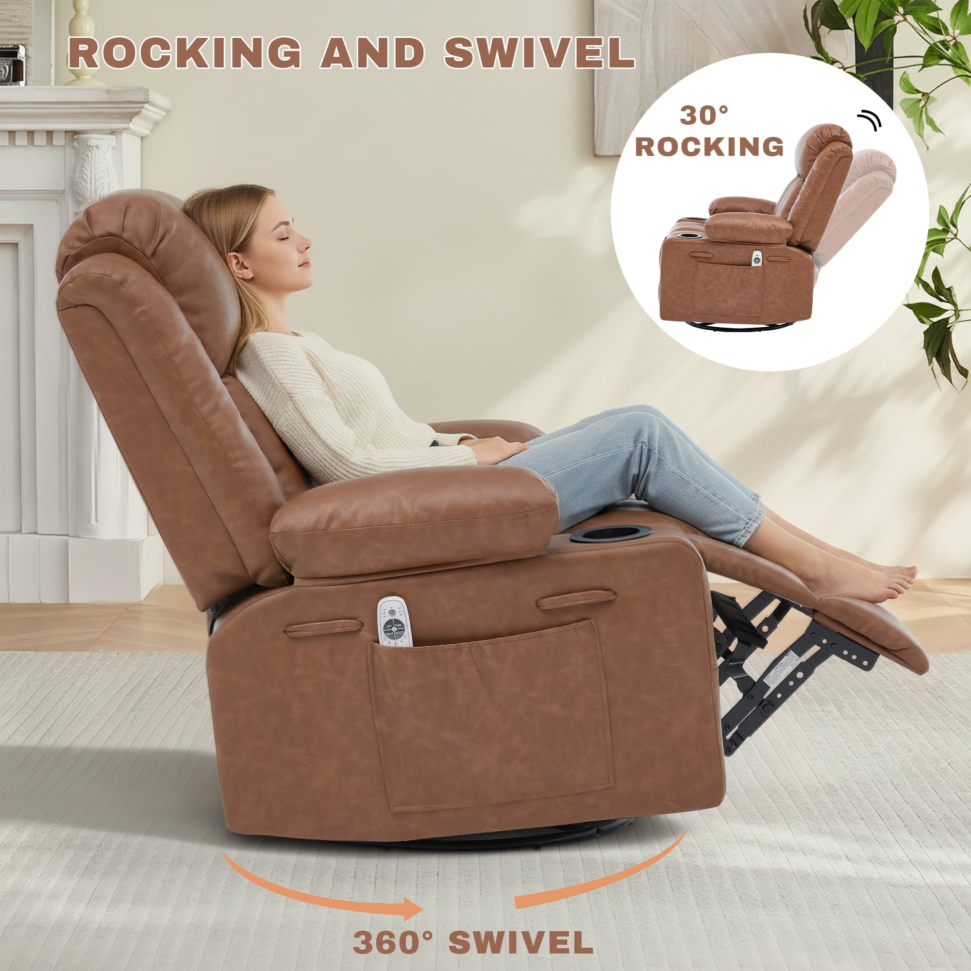 GAOHAPY Rocker Recliner Chair with Heat and Massage,360°Swivel Recliner Chair for Adults Elderly,Oversized Recliner Single Sofa Seat with 2 Cup Holders and Side Pocket(Brown)