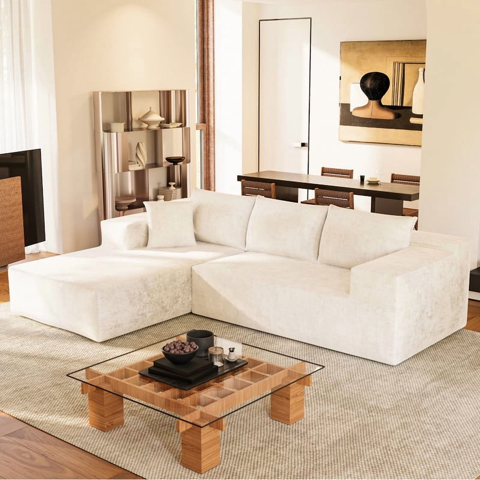 Furmax 108"  L-Shape Boneless Chaise Sectional Sofa Cloud Couch Sectional Corduroy Couch Set with Deep Seat for Living Room,Chenille White