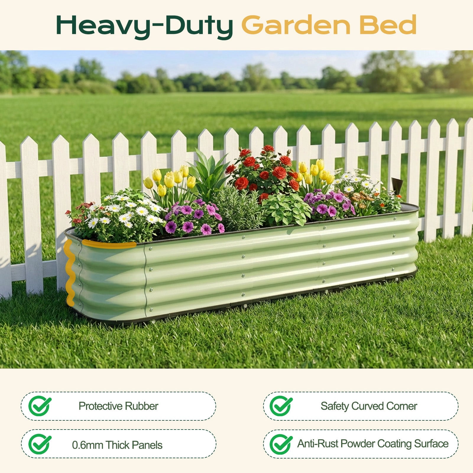 Aoodor 63'' Galvanized Self-Watering Raised Garden Bed with Drainage-Green