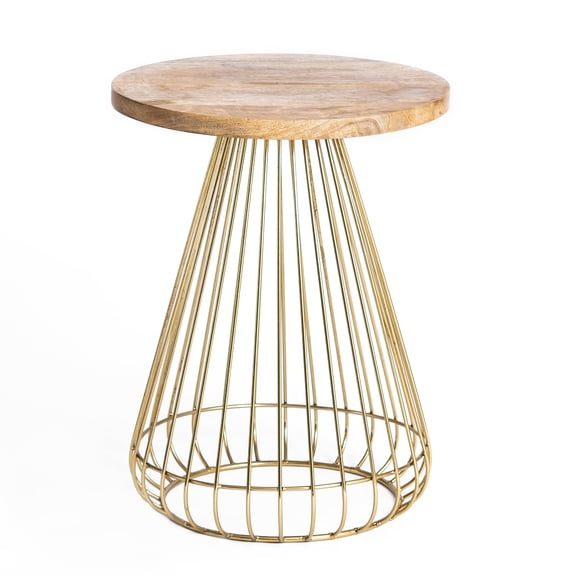 MH London Melody Solid Wood Round End Table with Metal Wire Base, Compact Side Table for Bedroom or Living Room Use, 16 x 20 in, Natural Top Black Base