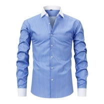 APEXFWDT Men’s Striped Dress Shirt Long Sleeve Stretch Anti-Wrinkle Shirt Button Down Business Formal Shirt,XXL,Blue