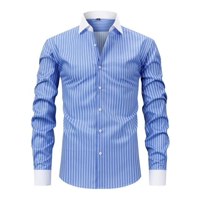 Men's Vertical Striped Dress Shirt Lapel Contrast Button Down Shirt Long Sleeve Business Work Blouse
