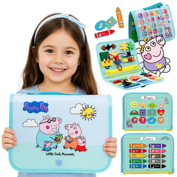 Evie Pig Toddler Busy Board - Montessori toys for 1 2 3 4 Year Old, Educational Activity Sensory Board for Preschool Learning Fine Motor Skills, Gift Toys for Boys Girls, Airplane Car Travel Toy