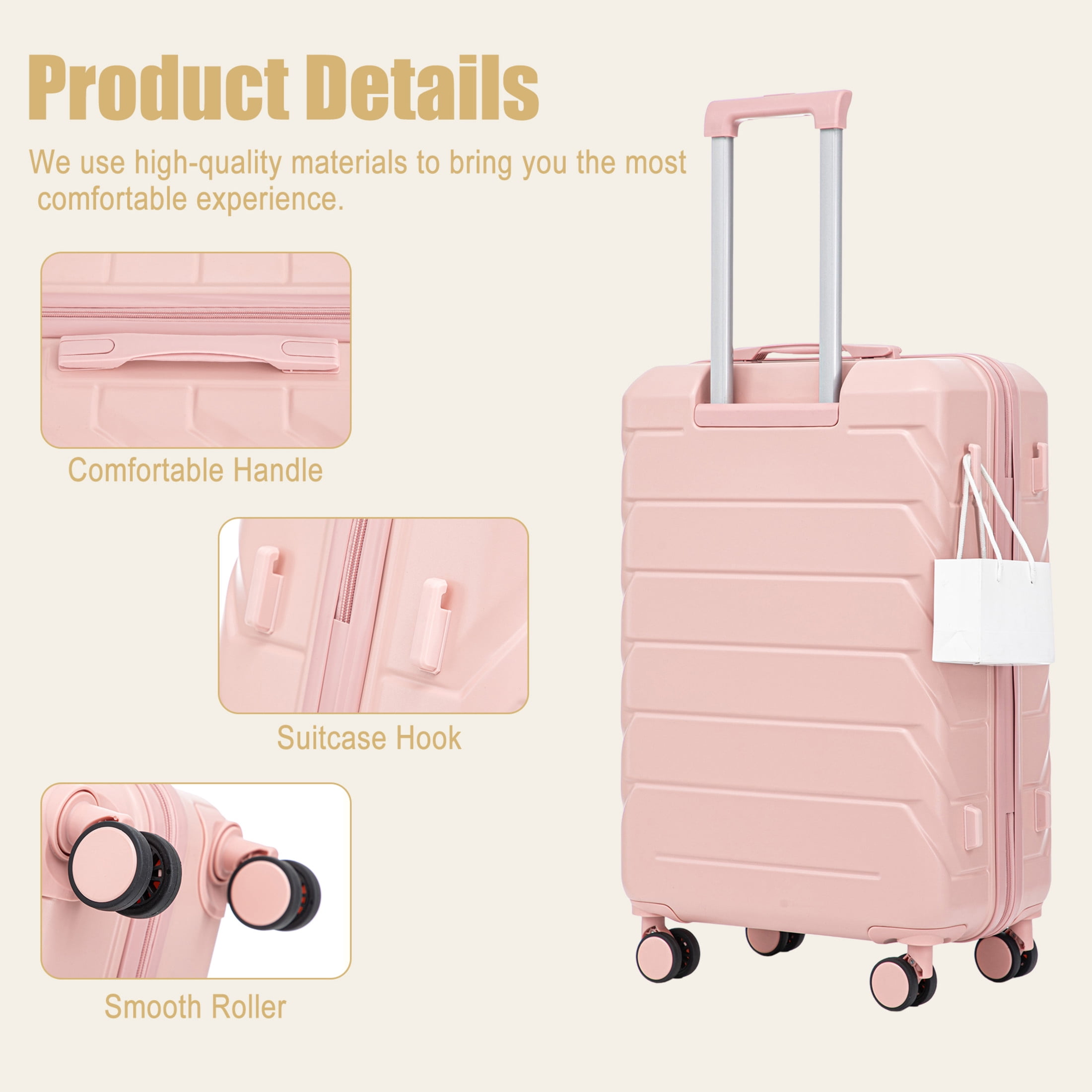 GDF Studio 28" Large Checked Luggage, Hardshell Scratch Resistant Suitcase with Side Hooks, Spinner Wheels, Pink