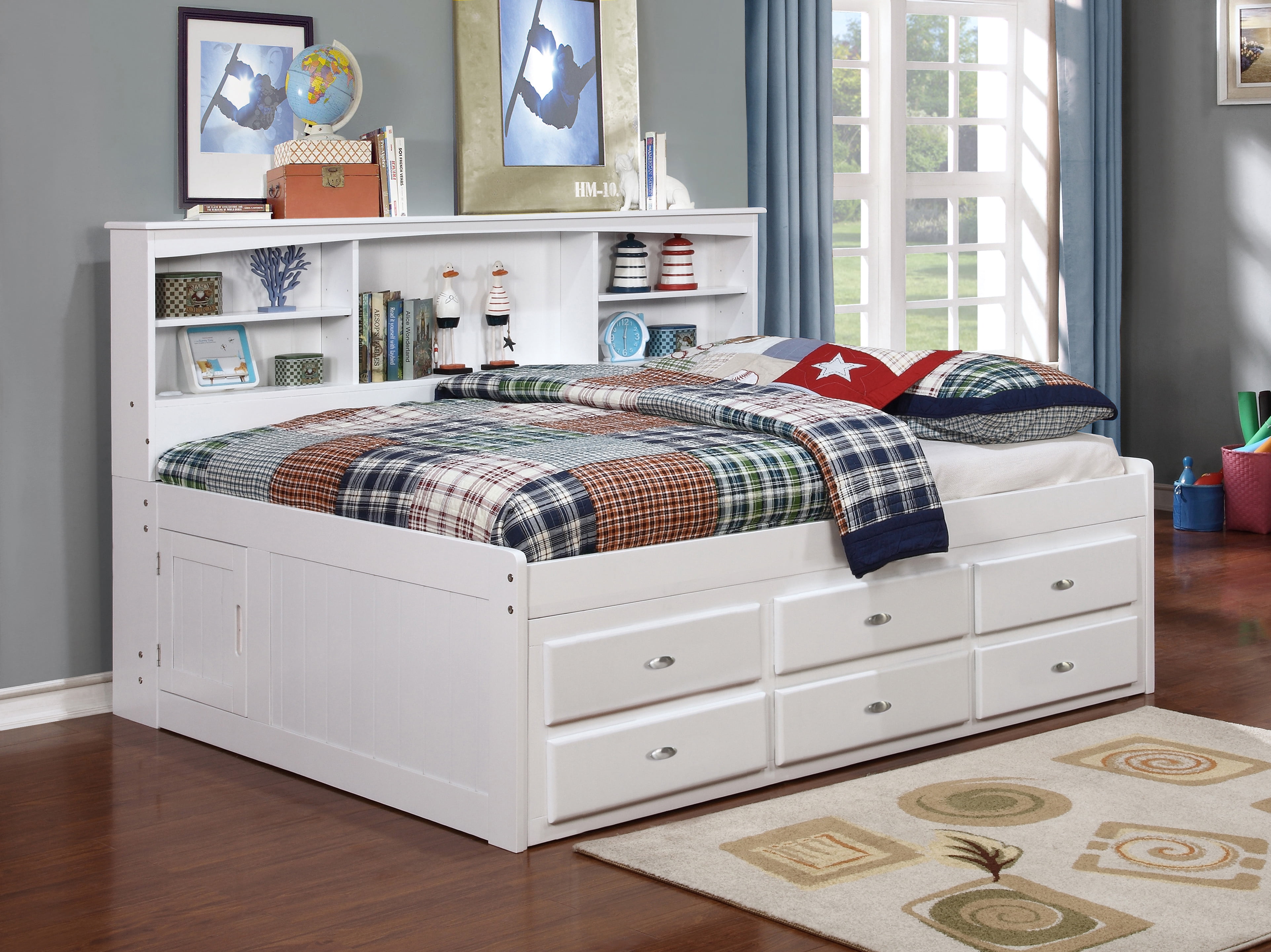 OS Home and Office Furniture Solid Pine Full Bookcase Daybed with Six Drawers in Casual White