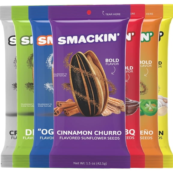 SMACKIN' Sunflower Seeds, Roasted Jumbo Small-Batch, American Made - 8 Flavor Variety. 1.5oz bags (54 Pack Bucket)