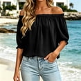 thumbnail image 5 of Tqcoqu Women's Solid Off Shoulder Ruffle Elastic 3/4 Puff Sleeve Blouse,Loose Flowy Summer Casual Pullover Top,Black Women's S-XXL, 5 of 8