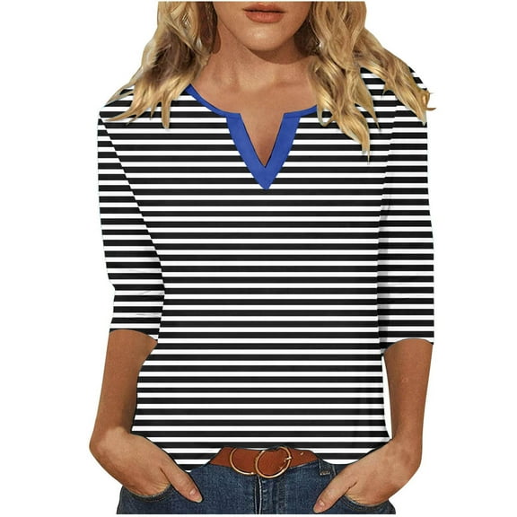 TFEOQRY Blouses for Women Casual Stripe Printed Fashionable Pullover Shirt Long Sleeve V-Neck Tops Black