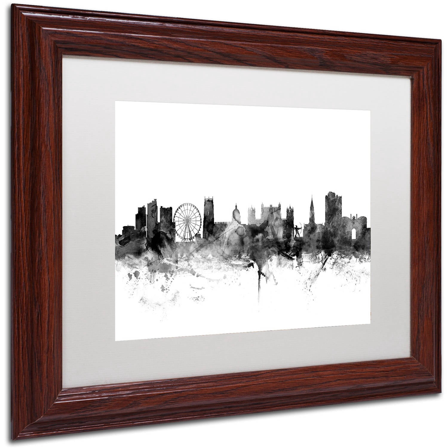 Trademark Fine Art "Nottingham England Skyline B&W" Canvas Art by Michael Tompsett, White Matte, Wood Frame
