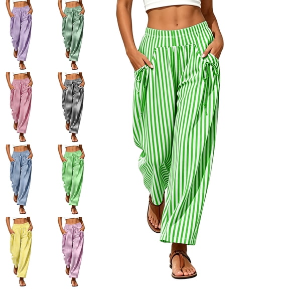 MLCDZ Womens Summer Striped Barrel Pants Comfy Baggy Drawstring Elastic Waist Pant with Pockets Lightweight Beach Vacation Party Lounge Trousers