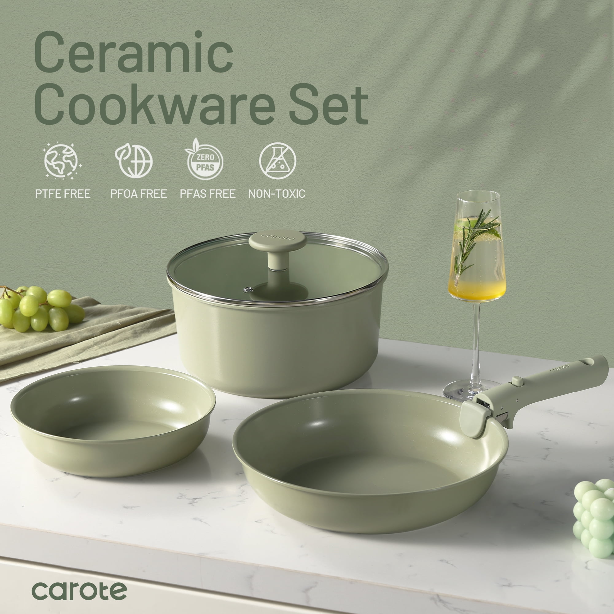 Carote 16-Piece Ceramic Nonstick Cookware Set, Pots and Pans Set with Detachable Handle, Induction Compatible, Oven & Dishwasher Safe, Sage Green