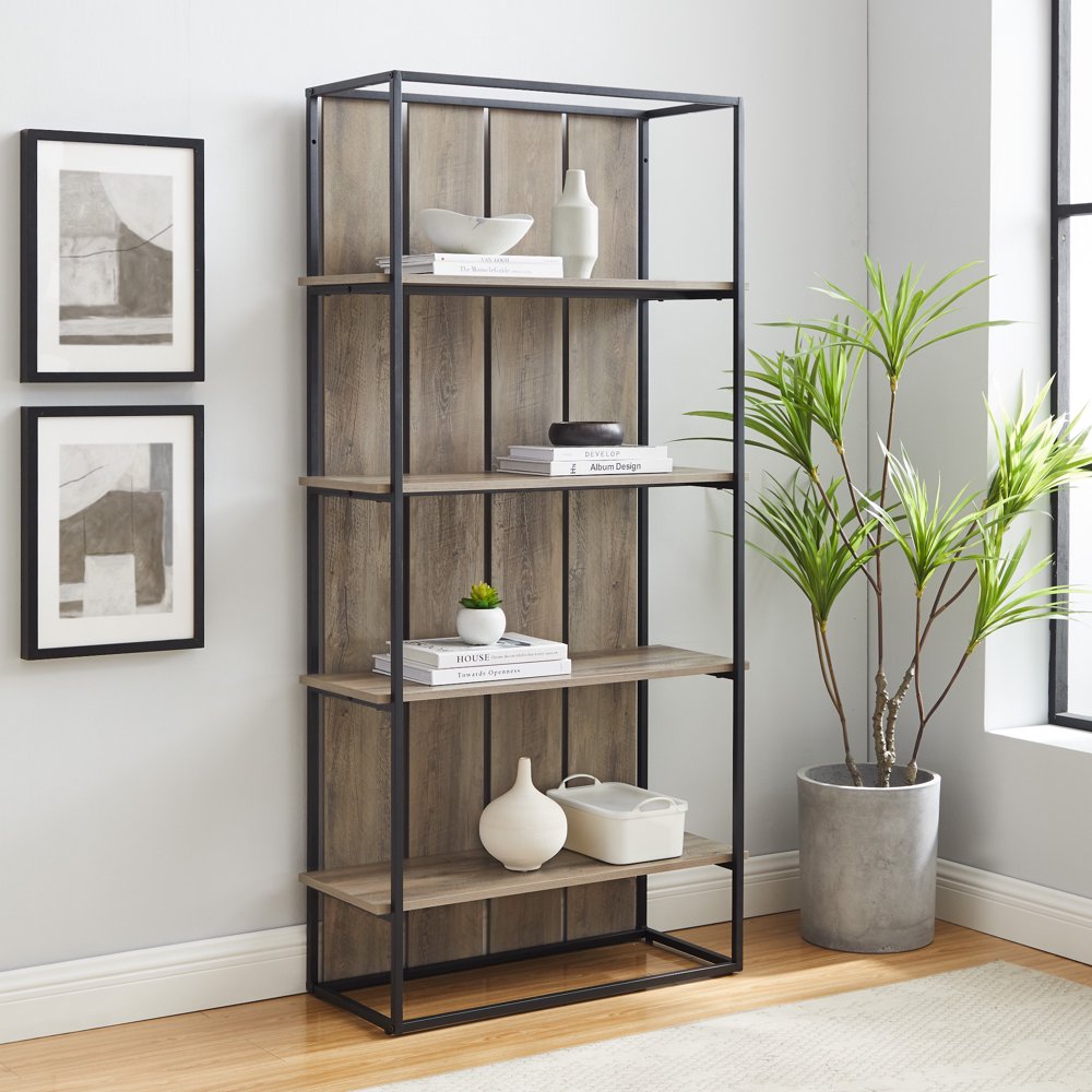 Woven Paths 64" Farmhouse 4Shelf Bookcase, Grey Wash/Black Walmart