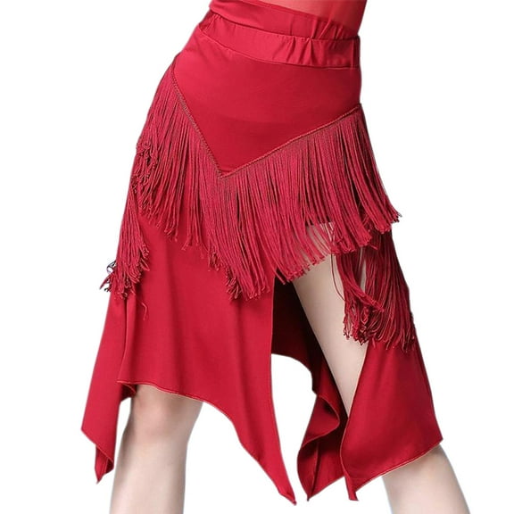 YM YOUMU Women Irregular Tassel Latin Skirt Elastic Waist Slit Dancewear